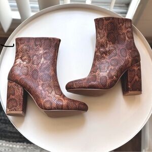 New Women’s Brown Snake-Print Block Heel Ankle Boots